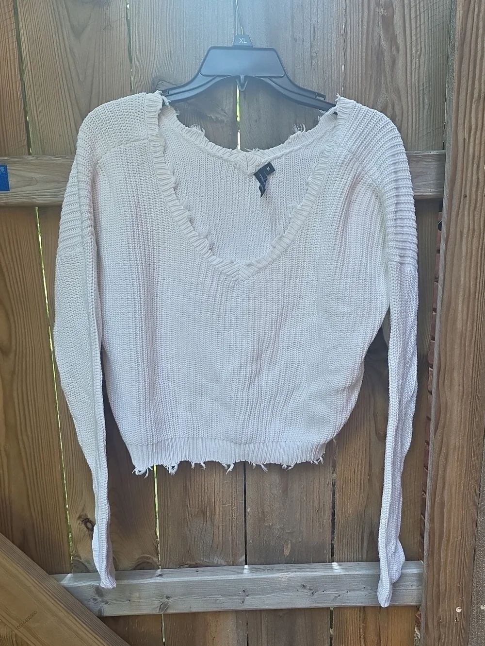 moon & madison Cream Distressed V-Neck Knit Top